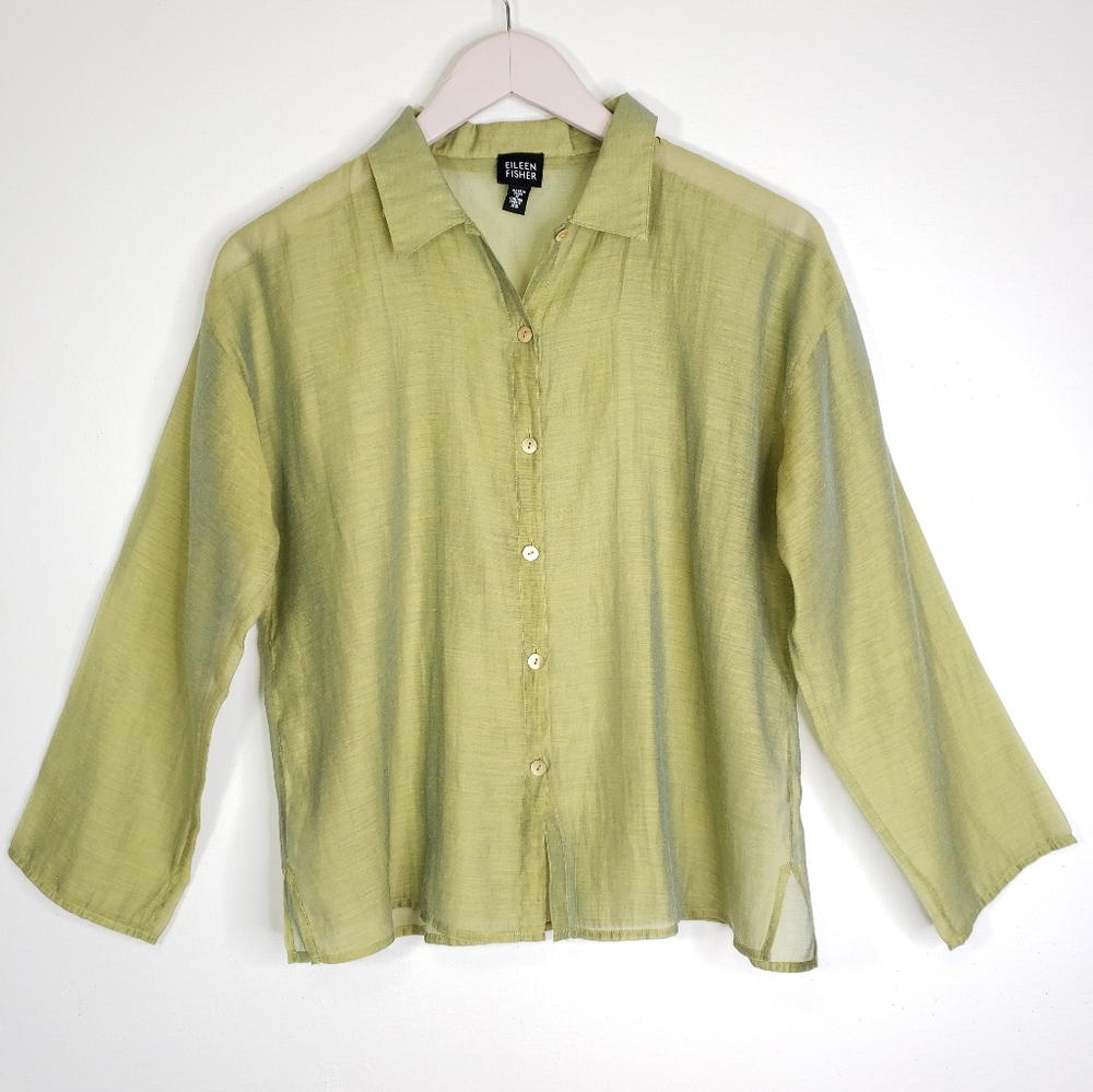 Eileen Fisher Irridescent Silk Button Down Shirt